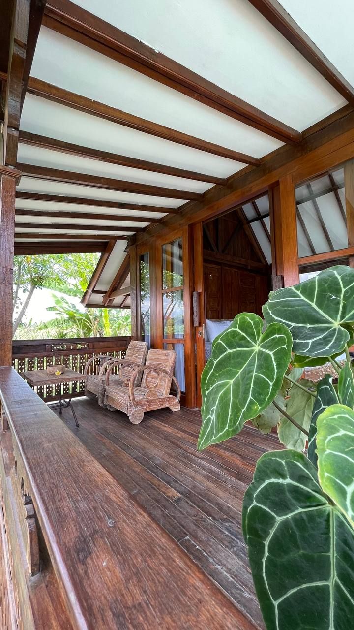 Una terraza de madera cubierta con un banco y una mesa, rodeada de hojas verdes grandes.