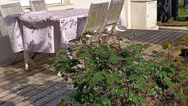 Een huis met een balkon, een bloembed met planten, en een tafel met stoelen.