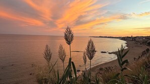 A coastal landscape with a beach, vegetation, and a sunset sky.