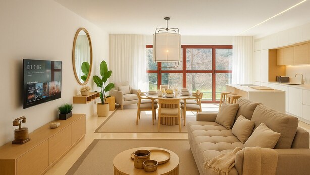 A modern living room with a sofa, coffee table, dining table, and chairs. There is a TV mounted on the wall and a large window with curtains. - Design Apartment with swimming pool Ciudad de Ciencias (València)