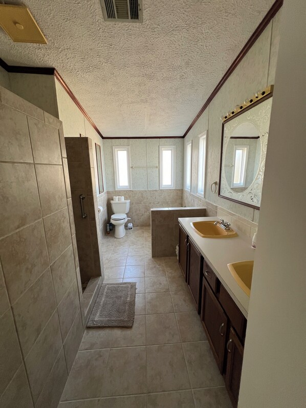 Shower, hair dryer, towels, toilet paper