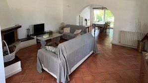 A spacious living room with a sofa, TV, and fireplace.