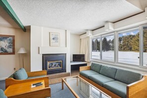 Una sala de estar con chimenea, un sofá, un televisor y un amplio ventanal con vistas a árboles.
