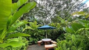 Een patio in een tuin met een ronde tafel en bankjes, omgeven door weelderige begroeiing en een blauwe parasol.