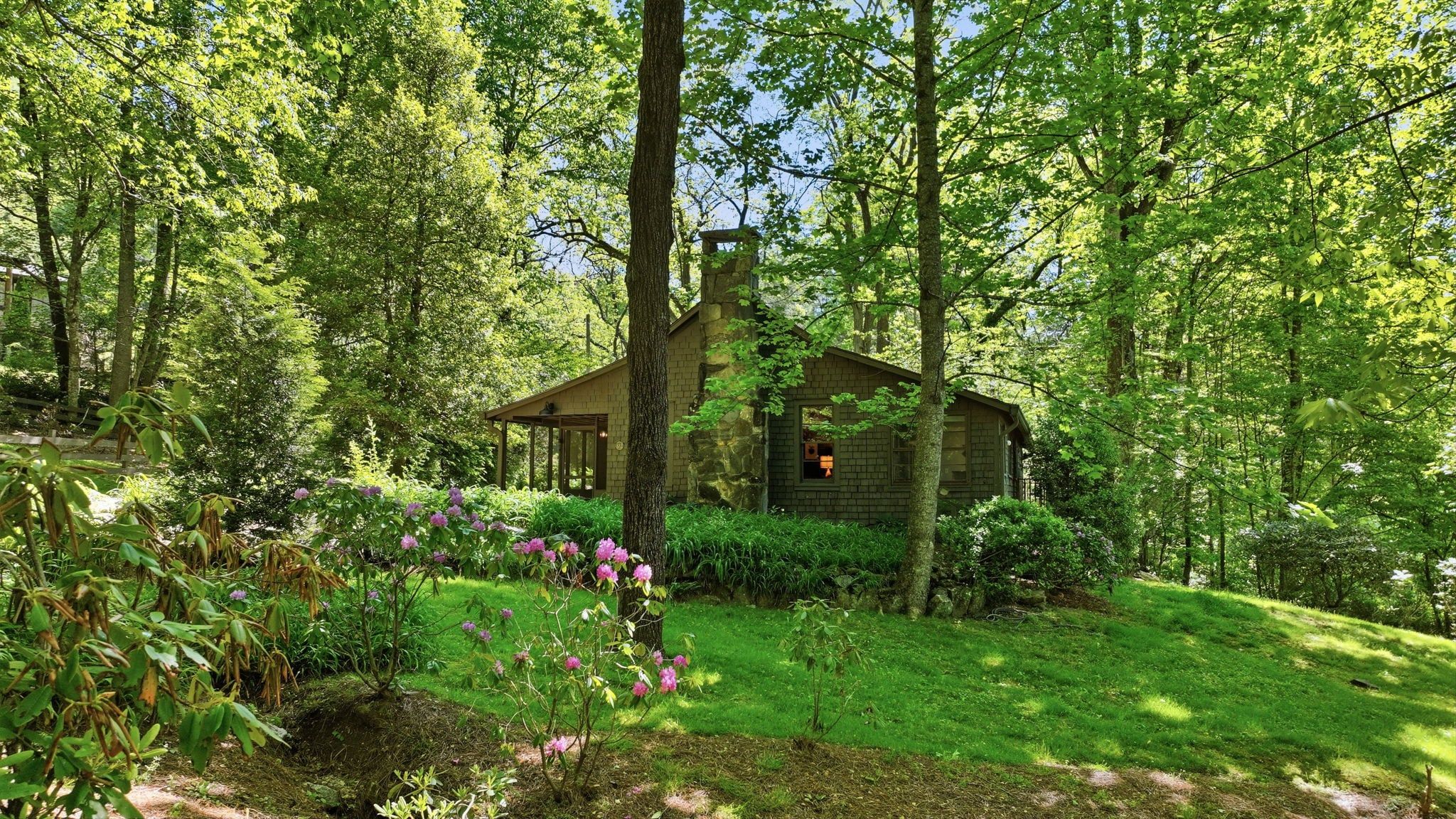 A rustic cabin surrounded by lush greenery and flowering plants.