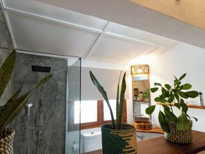 A bathroom with a glass shower enclosure, a toilet, and a sink area with decorative plants. - Casa do Índico (Tofo)