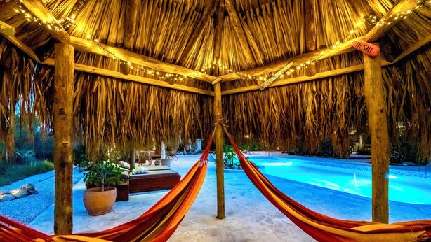 A thatched-roof gazebo with a hammock and a pool in the background. - Luxury studio, oasis of peace, centrally located close to most beautiful beaches (Sint Willibrordus)