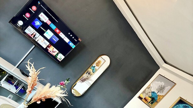 Un salon moderne avec un téléviseur à écran plat fixé au mur, un coin repas avec une chaise en métal noir, un canapé bleu avec des coussins jaunes et des plantes décoratives.
