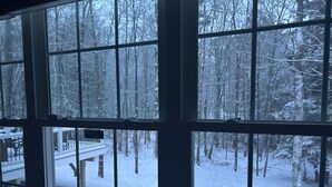 Une vue à travers une fenêtre à carreaux, donnant sur une forêt enneigée où les arbres sont dénudés.