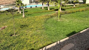 Eine angelegte Grünanlage mit Pool, Palmen und Blick auf eine hügelige Landschaft.