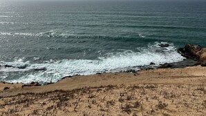 Ein Strand mit brechenden Wellen, einem klaren Himmel und einem fernen Horizont.