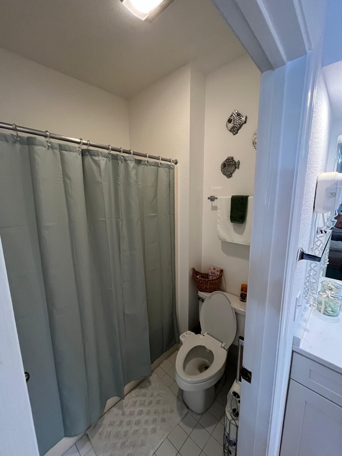 A bathroom with a shower curtain, toilet, and a small shelf with decorative items.