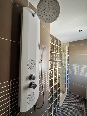 Shower, hair dryer, bidet, towels