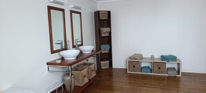 Shower, towels, toilet paper