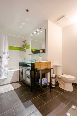 Hair dryer, towels, soap, shampoo