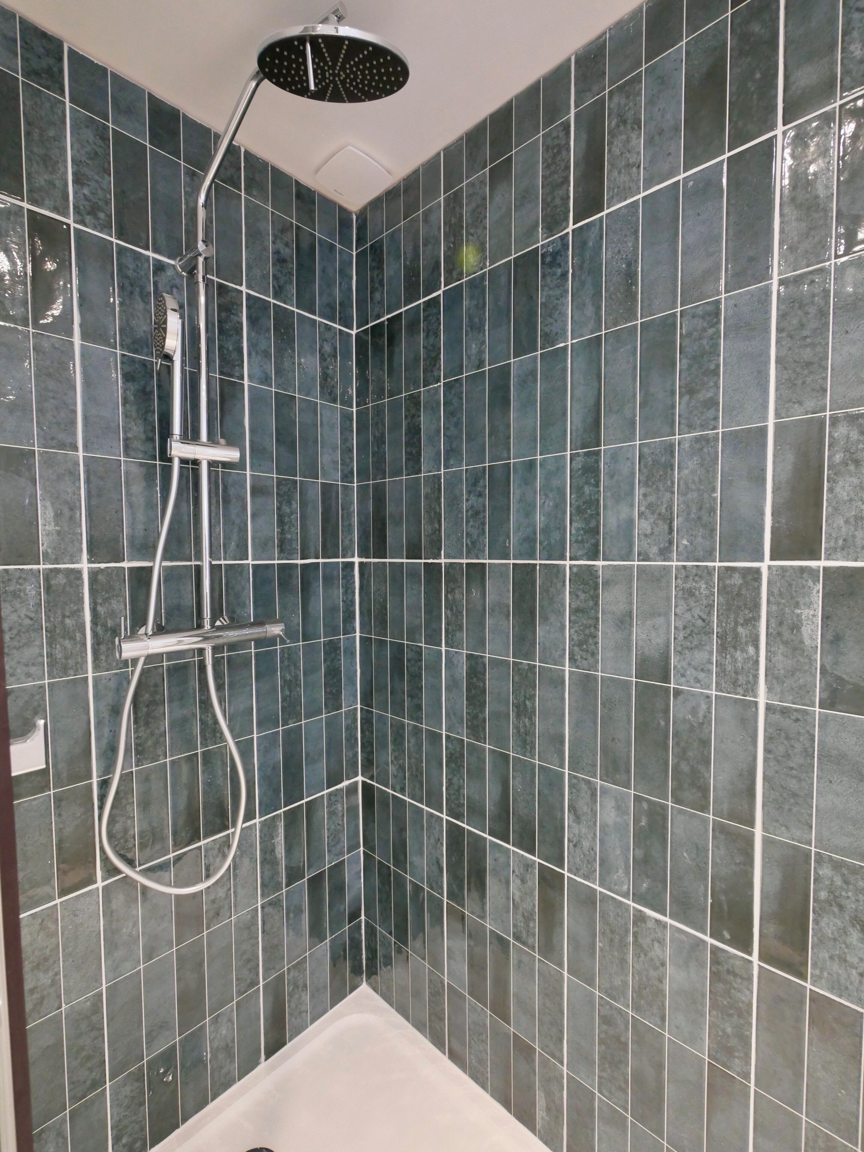 A shower area with a handheld showerhead and a fixed showerhead, both mounted on a wall with a grid of dark tiles.