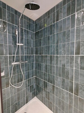 Secadora de cabello, toallas, jabón, papel de baño 