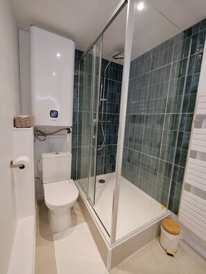Un baño moderno con ducha envuelta en vidrio, un inodoro y un lavamanos blanco.