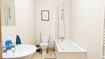 Combined shower/tub, hair dryer, towels, soap