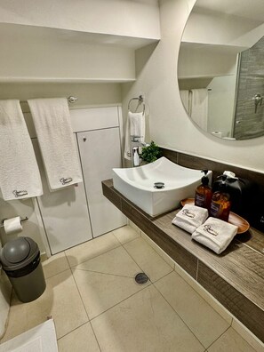 A modern bathroom with a white sink, a large mirror, and a shower area. There are towels and toiletries on the counter. - CASA ELIZABETH (Oaxaca)