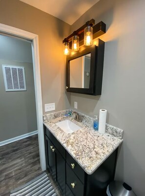 Hair dryer, towels, soap, toilet paper