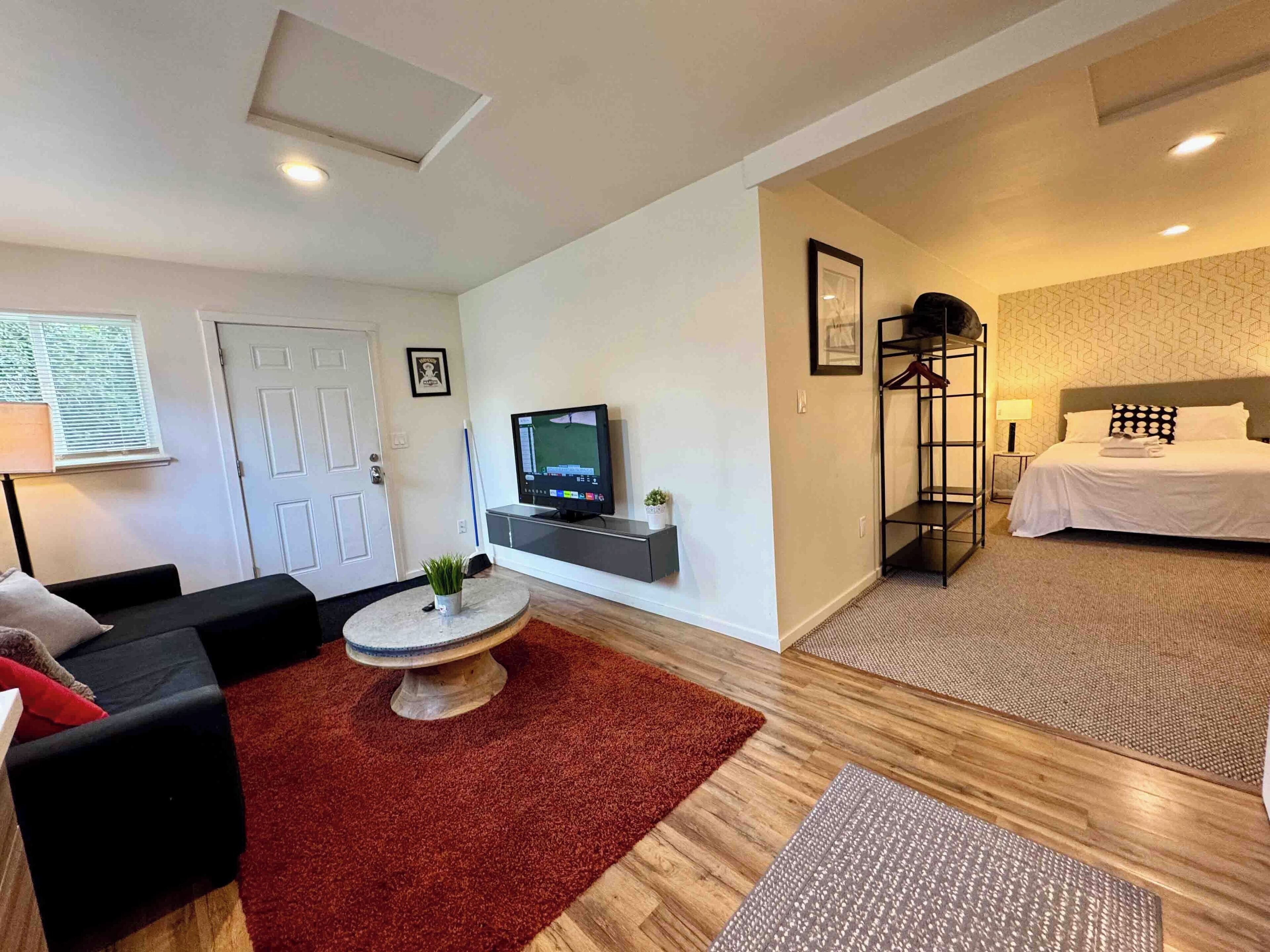 A modern hotel room with a TV, a bed, a seating area with a red rug, and a small table with a plant.