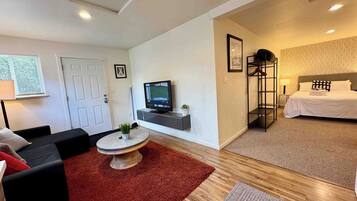 A modern hotel room with a TV, a bed, a seating area with a red rug, and a small table with a plant.