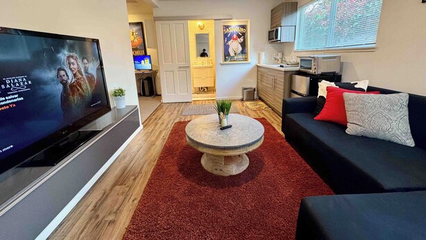 Un salon moderne doté d’un téléviseur à écran plat, d’une table basse ronde, d’un canapé noir agrémenté de coussins rouges et gris, et d’un coin cuisine avec un four à micro-ondes et un évier.