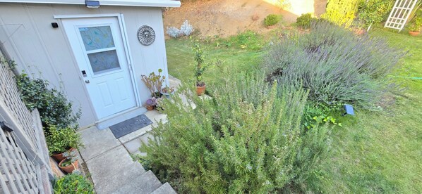 A house with a white door, a small garden with various plants, and a welcome mat. - Cozy Guesthouse/Garden Hideaway Retreat, Private Entrance, Safe and Quiet Area (Vallejo)