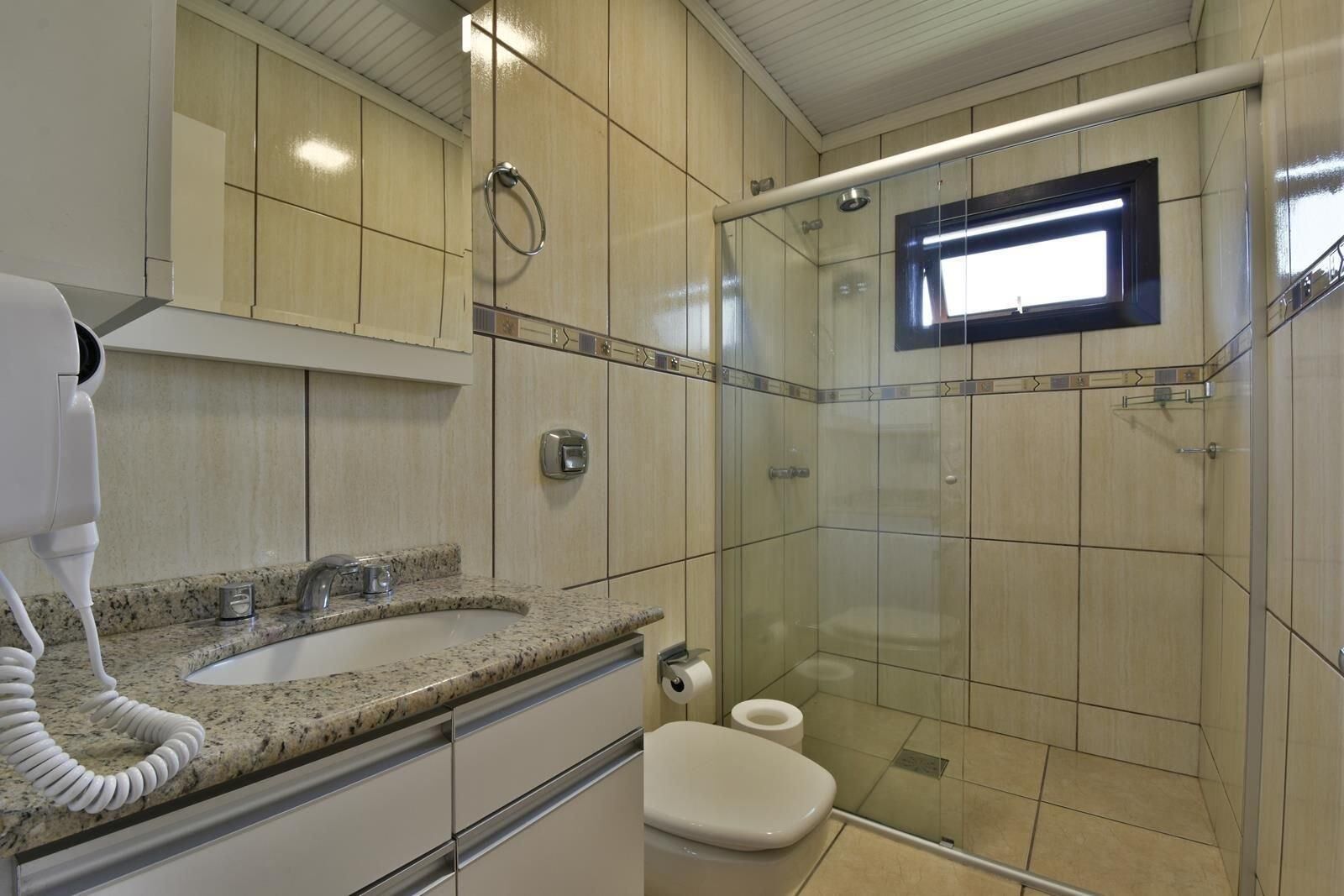 A bathroom with a glass shower enclosure, a toilet, a sink with a hairdryer, and a mirror.