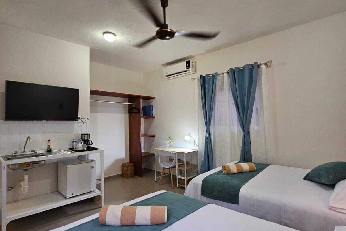 Desk, laptop workspace, blackout curtains, free WiFi