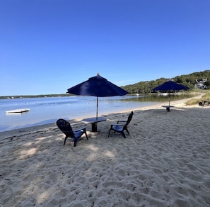 A beach with two chairs and umbrellas, a sandy shore, and a calm lake with boats.