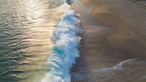 Ein Küstenstrand mit brechenden Wellen, ein sandiger Strand und eine Reihe von Gebäuden im Hintergrund.