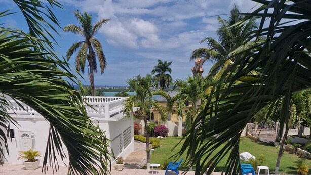 A swimming pool with a hot tub, surrounded by palm trees and a white building. - Turquoise Sea Villa (Montego Bay)