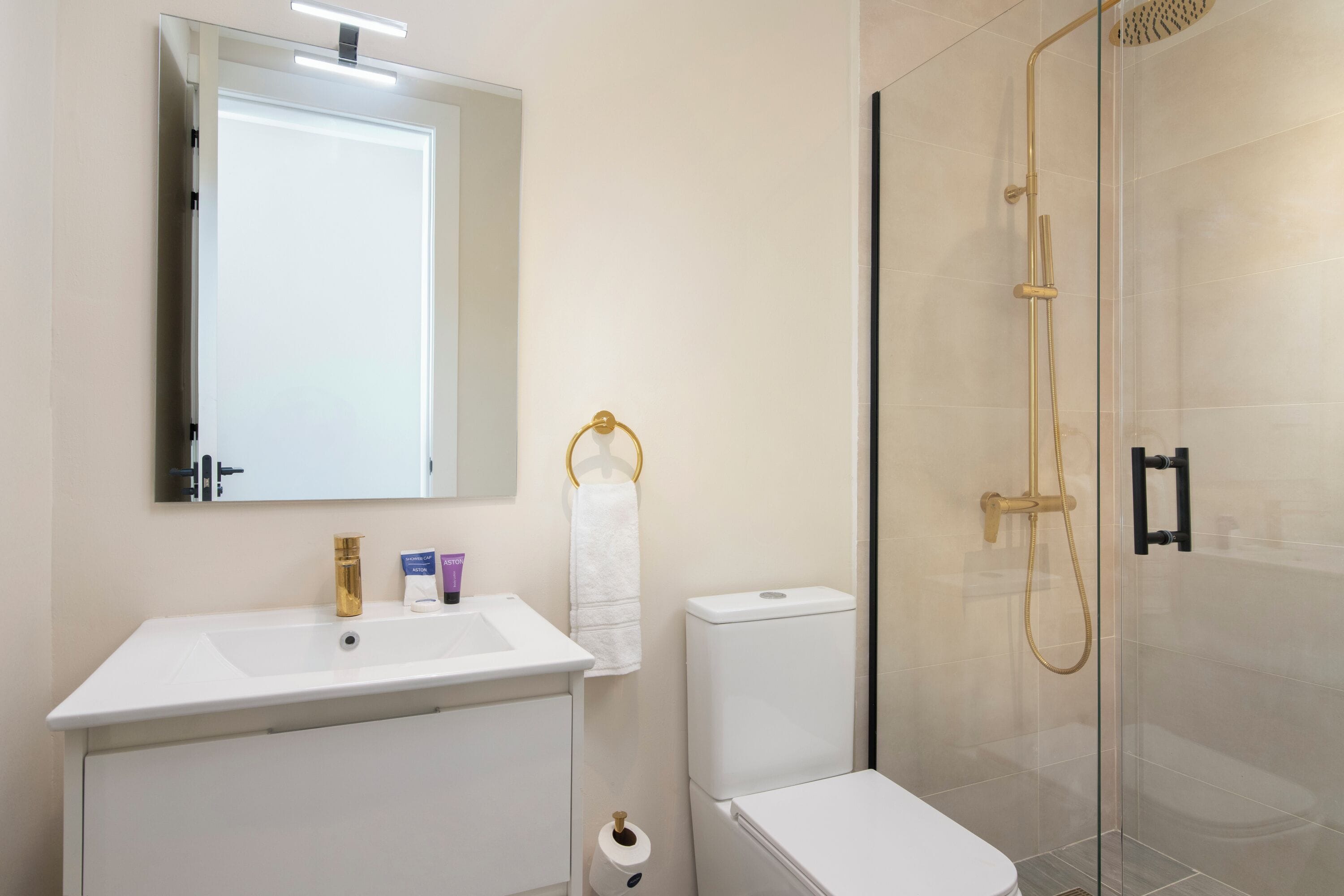 Une salle de bain avec un lavabo blanc, des toilettes et une douche à parois de verre.