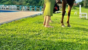 Two people standing on a grassy area with a horse, a blue fence, and a paved walkway in the background. - Pedro Alexandre Da Costa (Presidente Figueiredo)