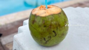 A coconut with a straw in a poolside setting. - Pedro Alexandre Da Costa (Presidente Figueiredo)