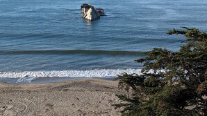 Un paisaje costero con un promontorio rocoso en el mar, una playa de arena y un árbol en primer plano.
