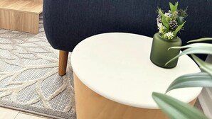 Un salon moderne avec un canapé bleu, une petite table ronde et une plante verte.