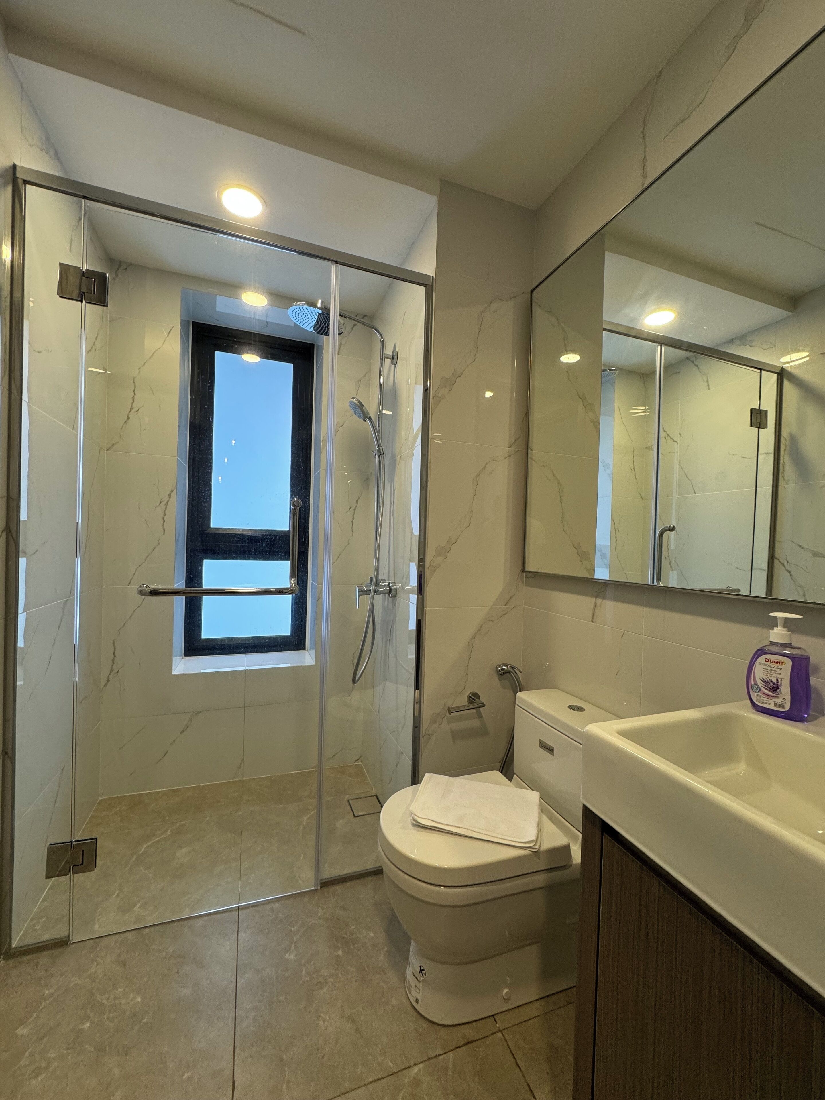 A modern bathroom with a glass-enclosed shower, a toilet, and a sink.