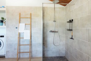 Shower, towels, soap, toilet paper