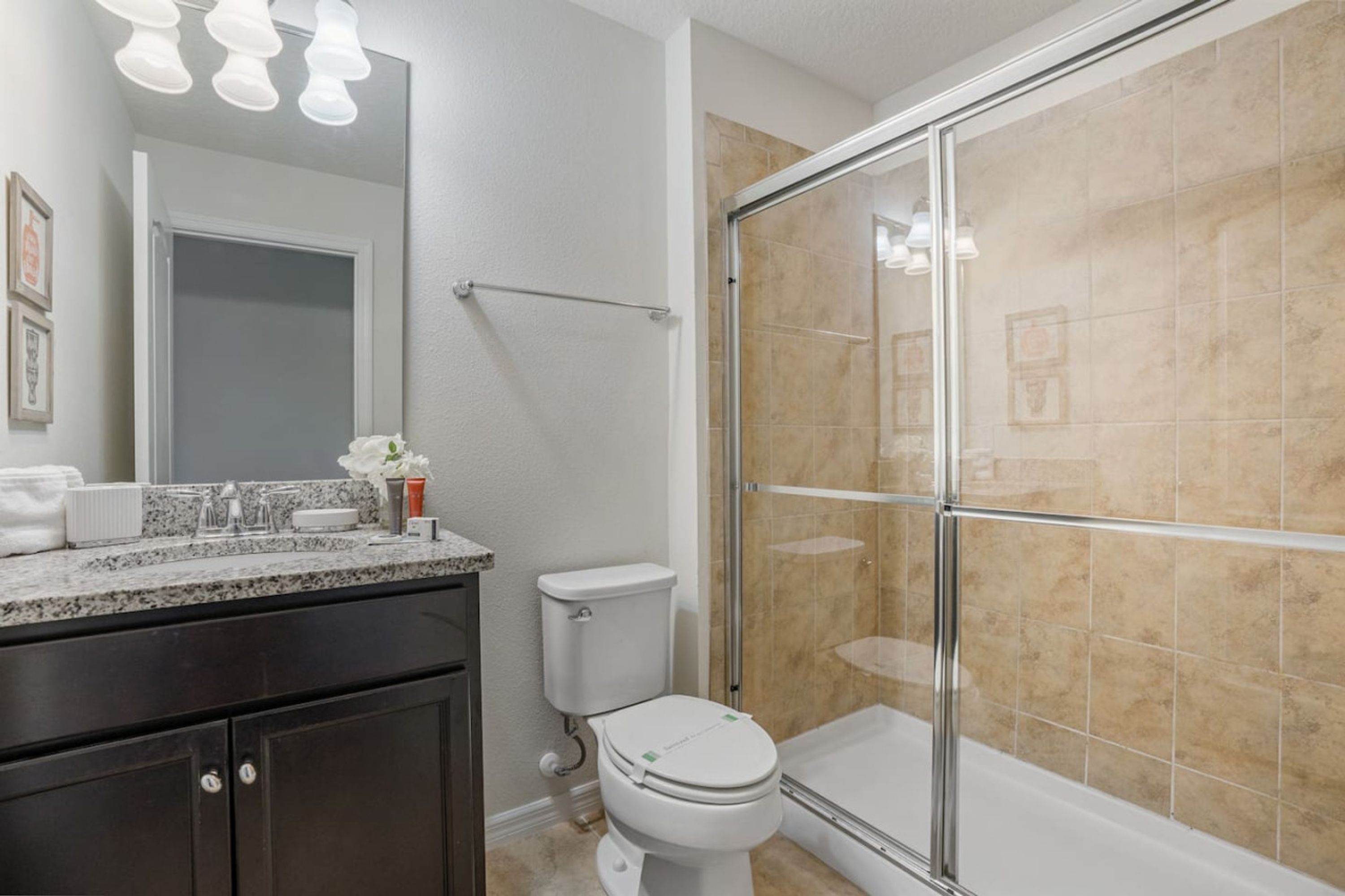 A modern bathroom with a glass-enclosed shower, a toilet, and a vanity with a mirror.