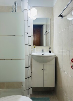 Hair dryer, towels, toilet paper