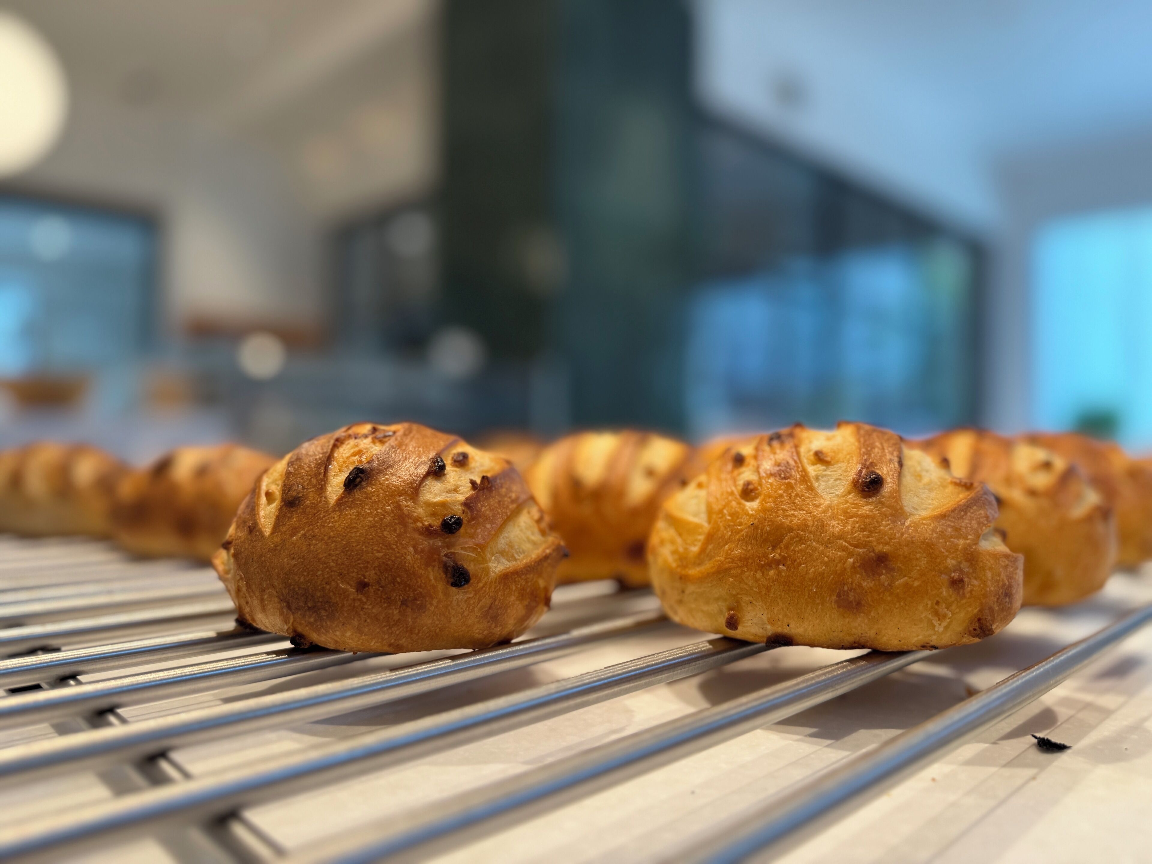 Croissants on a metal rack.