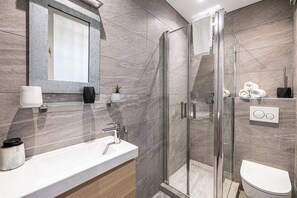 Shower, hair dryer, towels