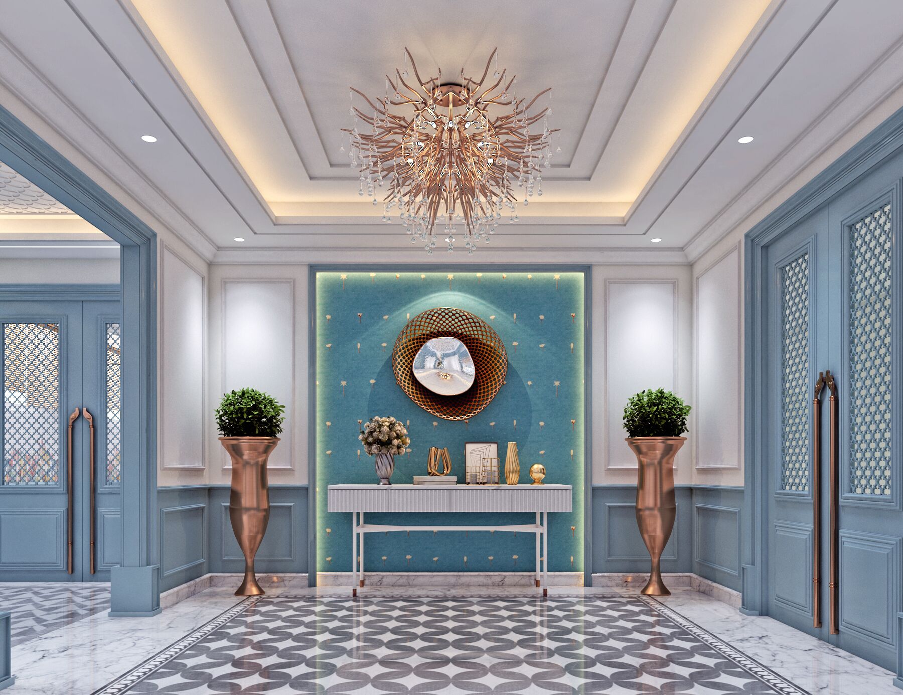 A luxurious hallway with a patterned floor, a central console table, decorative plants, and a unique wall-mounted mirror.