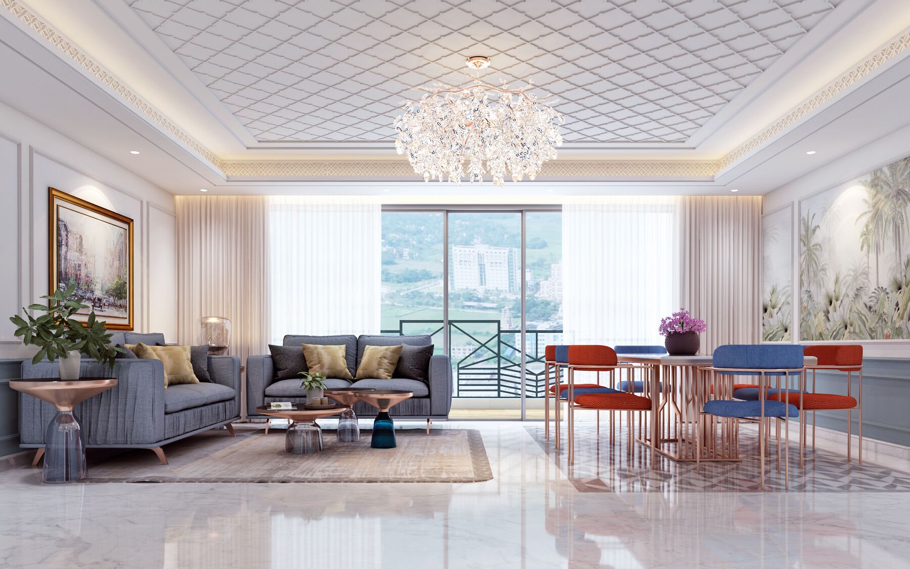 A spacious living room with a modern chandelier, a sofa set, a coffee table, and a dining area with chairs.