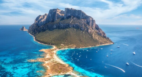 Una vista aerea di un’isola aspra con una costa, circondata da acque blu cristalline e diverse imbarcazioni.