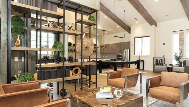 A modern living room with leather sofas, a wooden coffee table, and a built-in bookshelf with decorative items.
