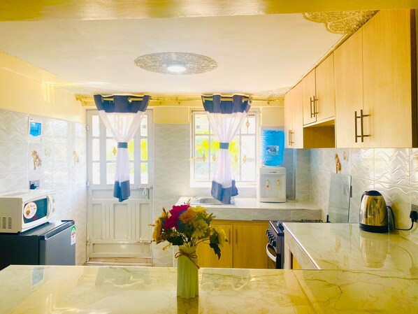 Deluxe Apartment, City View | Private kitchen | Fridge, microwave, cookware/dishes/utensils - Lux Suites Naivasha Business Apartments (Naivasha)